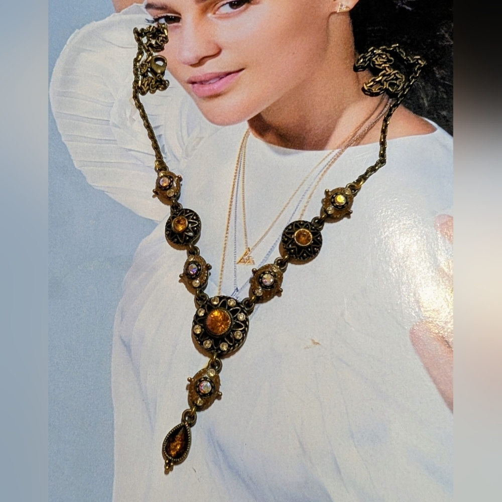 Vintage Victorian Revival Golden/AB Rhinestones Necklace - Picture 2 of 5